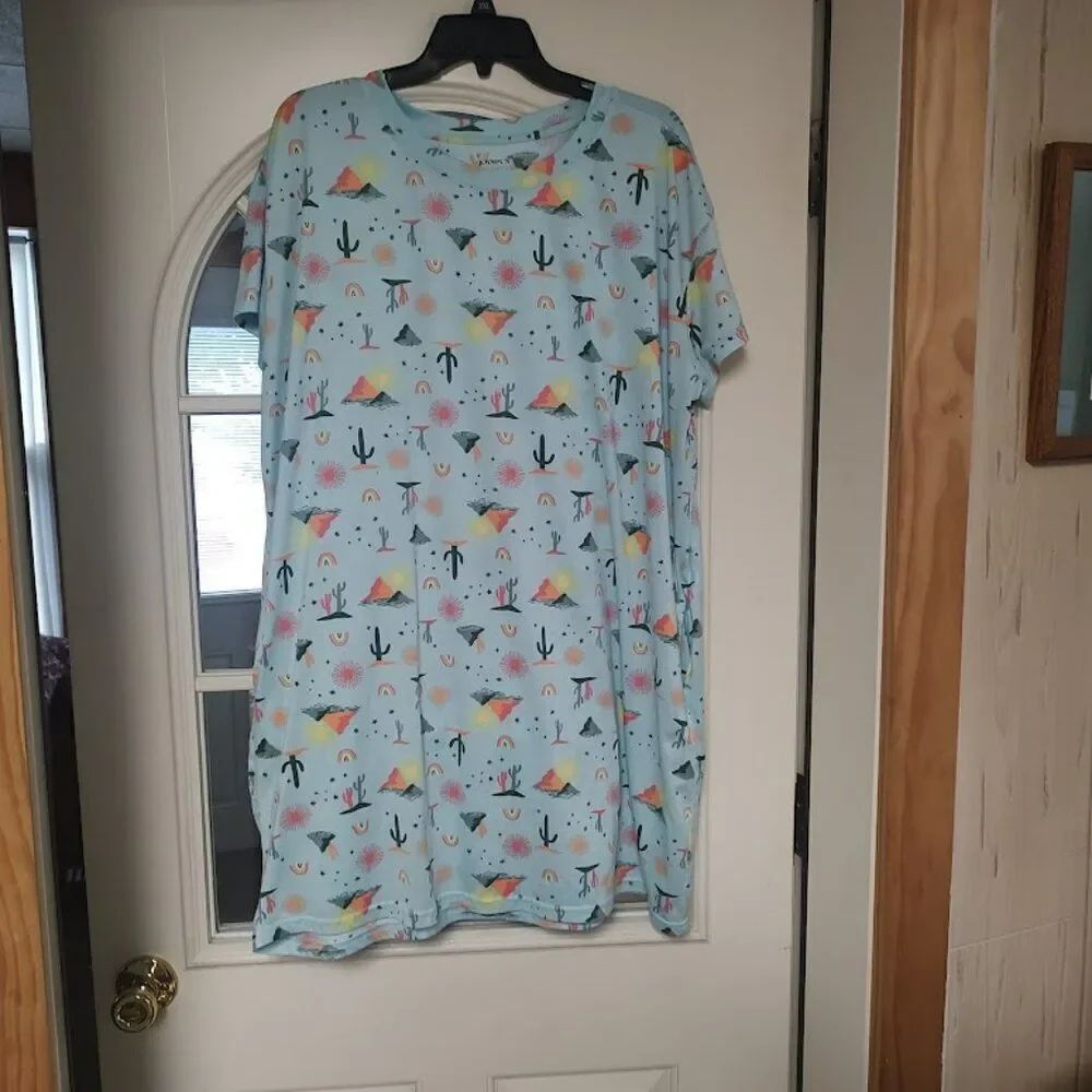 JoySpun Light Blue Cactus Rainbow Mountains Nightgown Size Women's L/XL